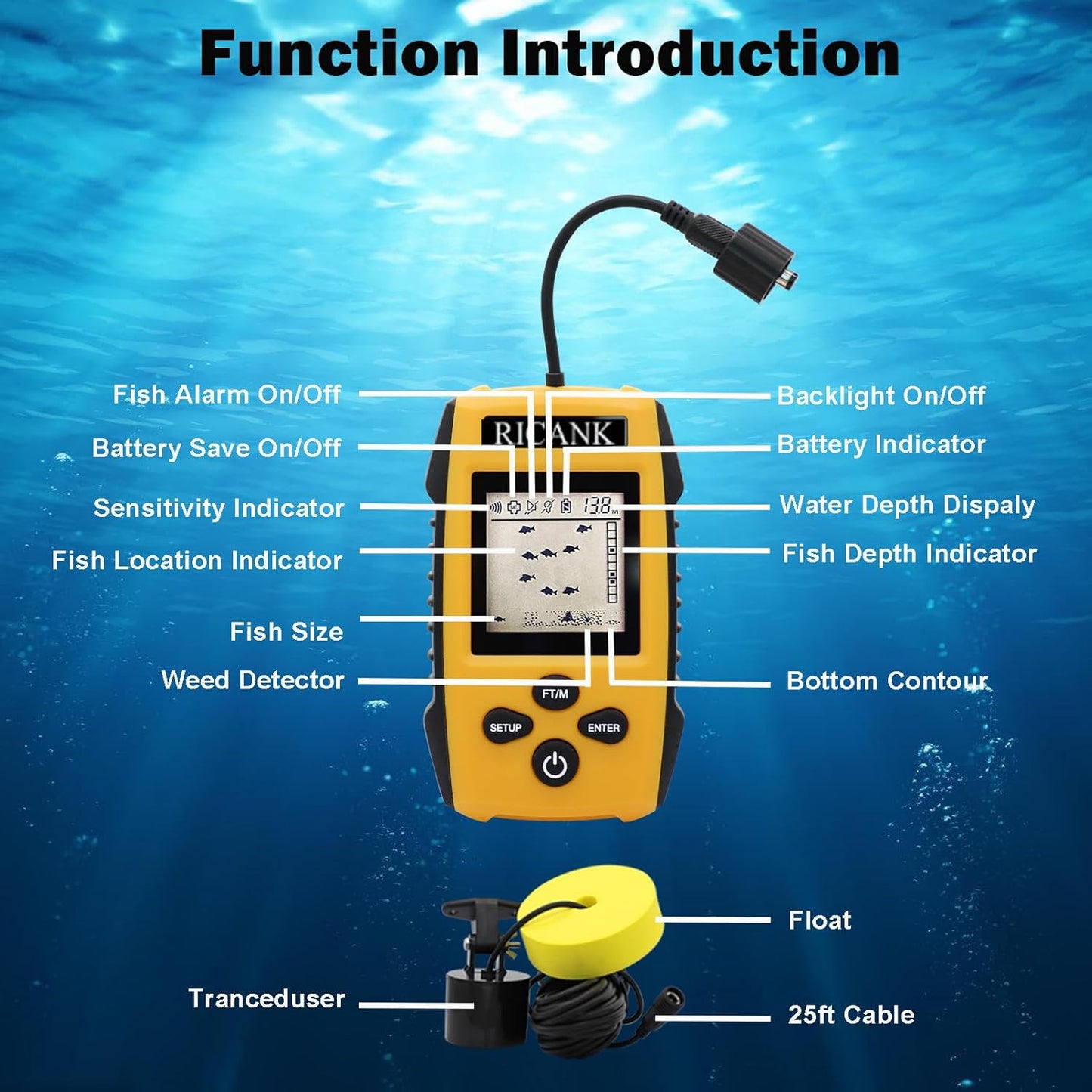 RICANK Portable Fish Finder, Handheld Fish Depth Finder Contour Readout Fishfinder Ice Kayak Shore Boat Fishing Fish Detector Device with Sonar Sensor Transducer and LCD Display Gear Fish Depth Finder