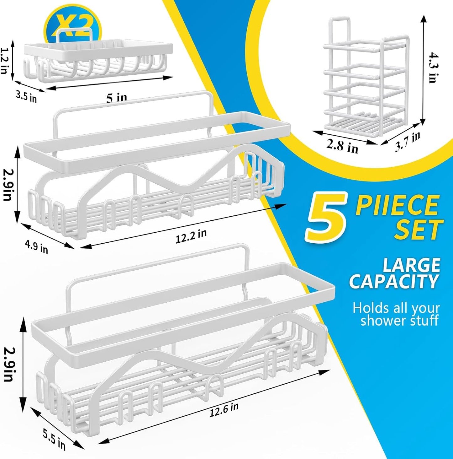Coraje Adhesive Shower Caddy, 5-Pack Shower Shelves, Large Capacity Load Bearing 40 LBS Shower Organizer, No Drilling Shower Shelf, Rustproof Stainless Steel Bathroom Shower Storage, Black