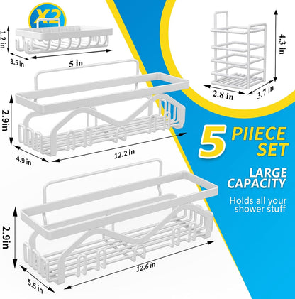 Coraje Adhesive Shower Caddy, 5-Pack Shower Shelves, Large Capacity Load Bearing 40 LBS Shower Organizer, No Drilling Shower Shelf, Rustproof Stainless Steel Bathroom Shower Storage, Black