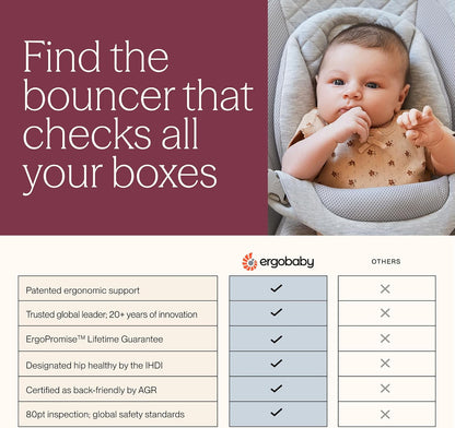 Ergobaby Evolve 3-in-1 Bouncer Seat for Babies and Toddlers 5.5-25 lbs Multi Position Baby Bouncer Seat with Adjustable Heights, Secure Harness, Newborn Insert, Light Grey