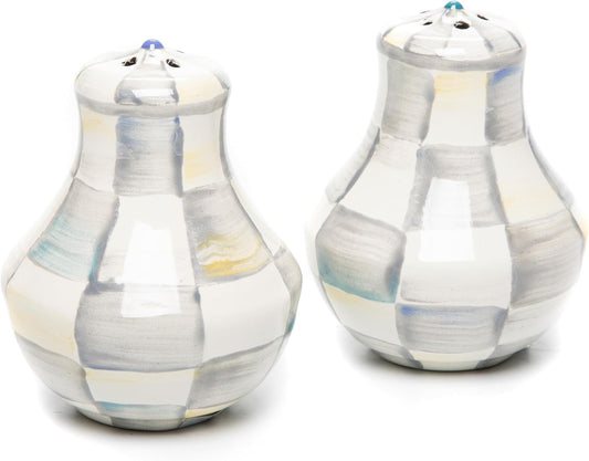 MACKENZIE-CHILDS Enamel Salt and Pepper Shakers, Farmhouse Kitchen Decor and Accessories, Small, Grey-and-White Sterling Check