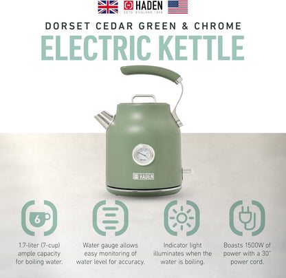 Haden Dorset 75070 Retro Stainless Steel Tea Kettle, 1500W Hot Water Kettle Electric Kettles for Boiling Water, 1.7L Black/Copper Electric Tea Kettles Automatic Shut Off, Boil-Dry Protection Tea Pots