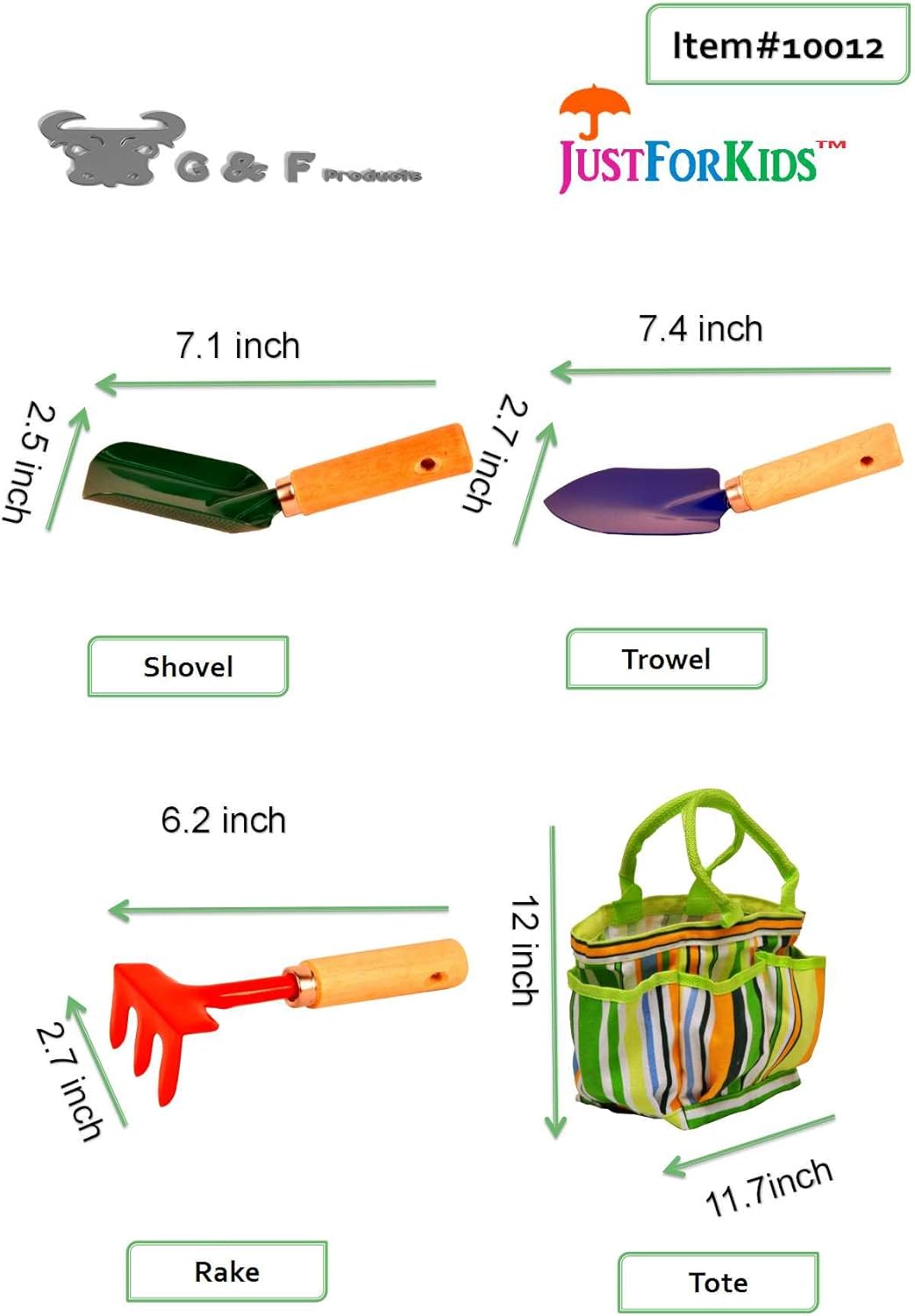 G & F Products 10018 JustForKids Kids Garden Tool Set Toy, Rake, Spade, Hoe and Leaf Rake, Reduced Size, 4-Piece
