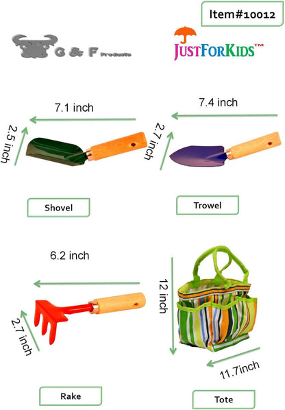 G & F Products 10018 JustForKids Kids Garden Tool Set Toy, Rake, Spade, Hoe and Leaf Rake, Reduced Size, 4-Piece