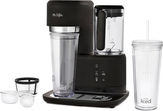 Mr. Coffee 3-in-1 Single-Serve Frappe, Iced, and Hot Coffee Maker and Blender | Coffee Machine with Reusable Filter, Scoop, Recipe Book & 2 Tumblers | Black