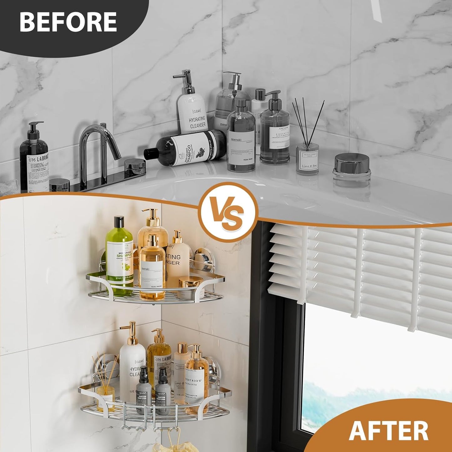 LEVERLOC Shower Caddy Suction Cup, 2 Pack Black Shower Shelf with Hooks and Soap Holder, NO-Drilling Bathroom Organizer, Rustproof Metal Bathroom Storage and Organization
