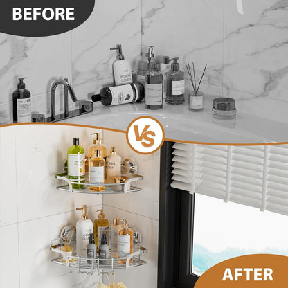 LEVERLOC Shower Caddy Suction Cup, 2 Pack Black Shower Shelf with Hooks and Soap Holder, NO-Drilling Bathroom Organizer, Rustproof Metal Bathroom Storage and Organization
