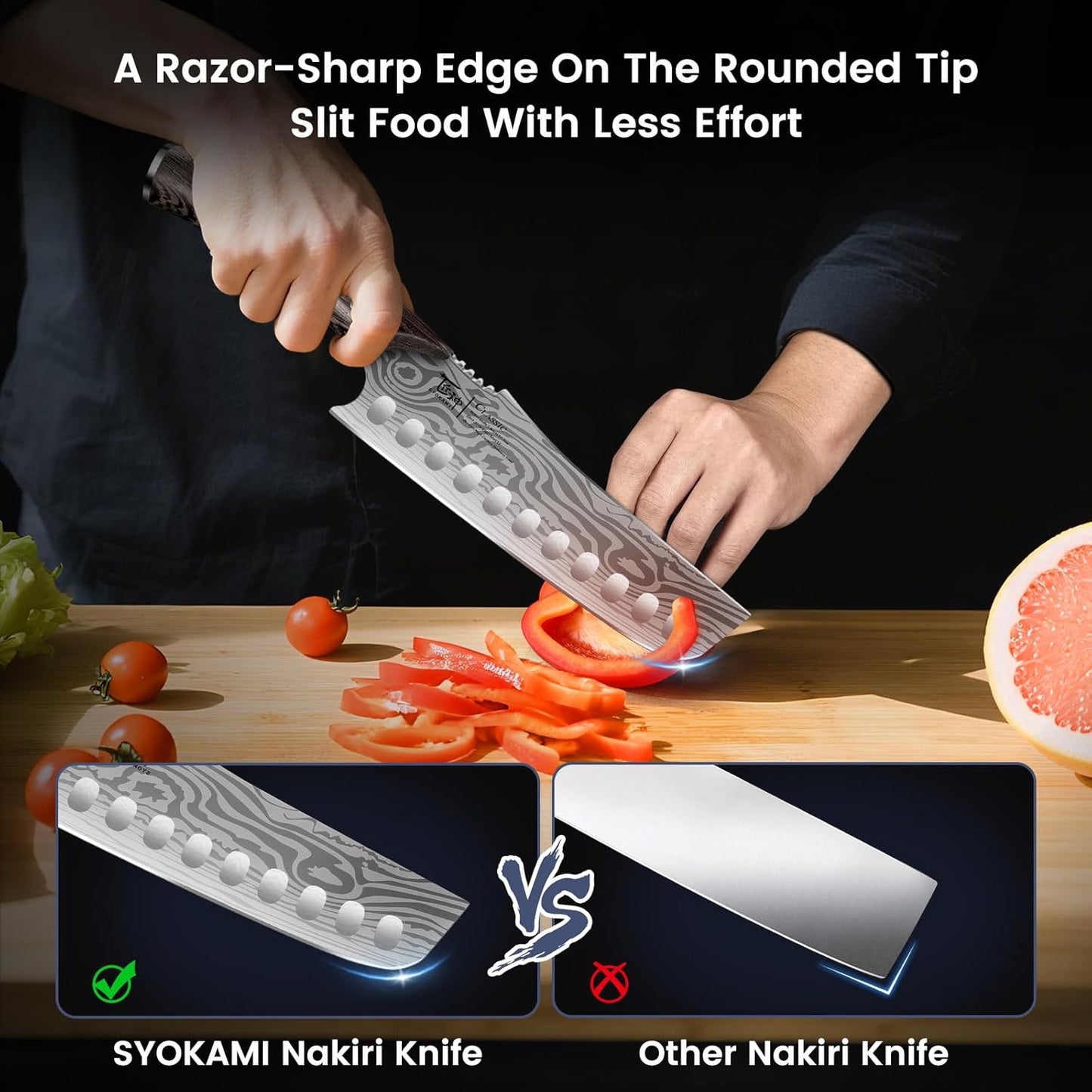 SYOKAMI Meat Cleaver Chef Knife, 7.7 Inch Multifunction Butcher Knife with Herb Stripper and Sheath, Chinese Cleaver Heavy Duty Bone Chopper, Meat Cutting, Damascus Pattern Full Tang Wood Handle