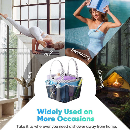 Mesh Shower Caddy Tote, Large College Dorm Bathroom Caddy Organizer with Key Hook and 2 Oxford Handles, Quick Hold, 8 Basket Pockets for Camp Gym