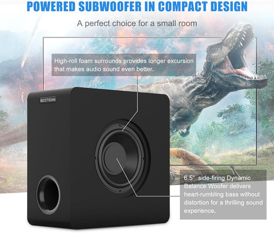 BESTISAN Powered Subwoofer, 6.5'' Side Firing Home Audio Sub, Deep Bass Response Subwoofers, Easy Setup with Home Theater Systems, TV, Speakers, RCA, LFE, AUX Input, High-Level Speaker Input & Output - PuriLite