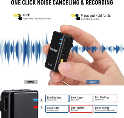 NEEWER CM28 Wireless Lavalier Microphone System with Charging Case, 1 Click Noise Canceling, 4GB Storage for 9Hrs of 48KHz 16 Bit Uncompressed Audio Lapel Mic Compatible with iPhone/Android/PC/Camera