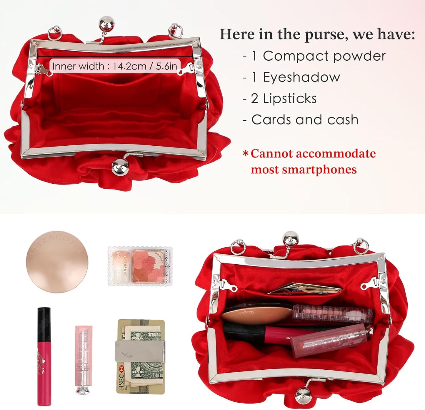 kilofly Missy K 7 Roses Clutch Purse, Satin, with Detachable Strap + kilofly Money Clip