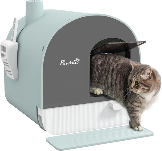 PawHut Large Cat Litter Box with Lid, Enclosed Kitty Litter Box with Slide-Out Tray, Scoop, Filter, Green