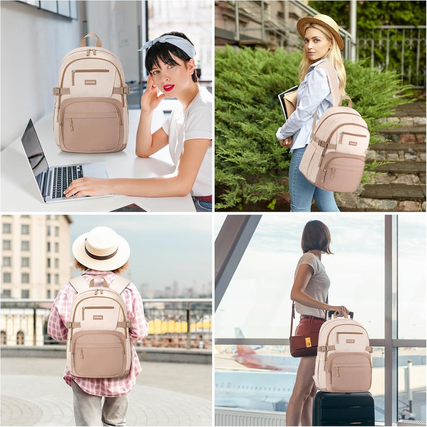 WINDARS Backpack for School Girls, Cute High School Backpacks for Teens Women Student Large Bookbag 15.6 Inch Laptop Bag with USB Charger Port for College Work Travel Trip (Beige Khaki)