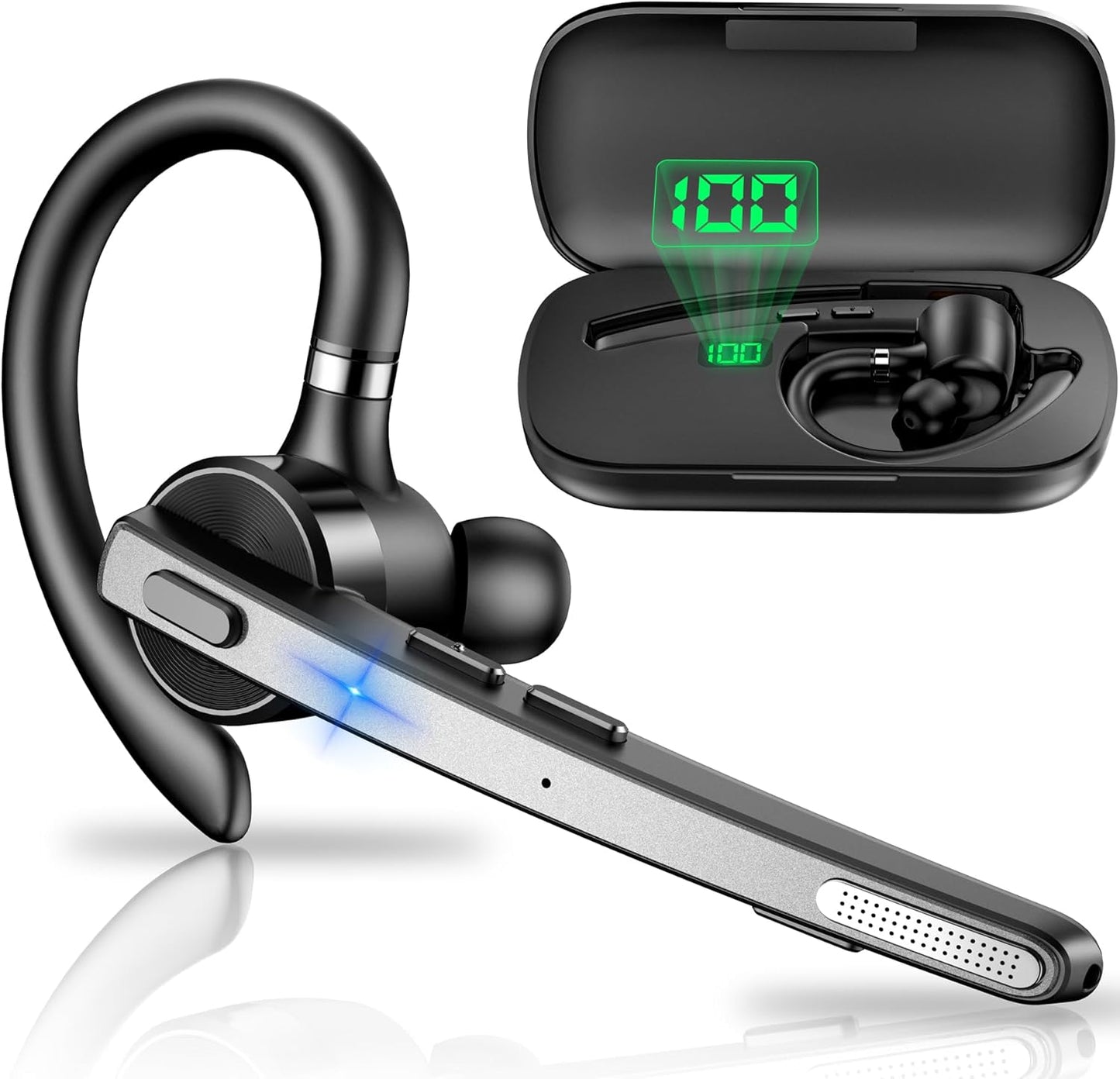 New bee Bluetooth Headset V5.1, 72H Talktime Wireless Bluetooth Earpiece for Cellphone with 500mah Charging Case Dual Mic Noise Cancelling Hands-Free Earphones for Office Driver Calls