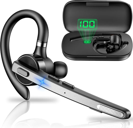 New bee Bluetooth Headset V5.1, 72H Talktime Wireless Bluetooth Earpiece for Cellphone with 500mah Charging Case Dual Mic Noise Cancelling Hands-Free Earphones for Office Driver Calls