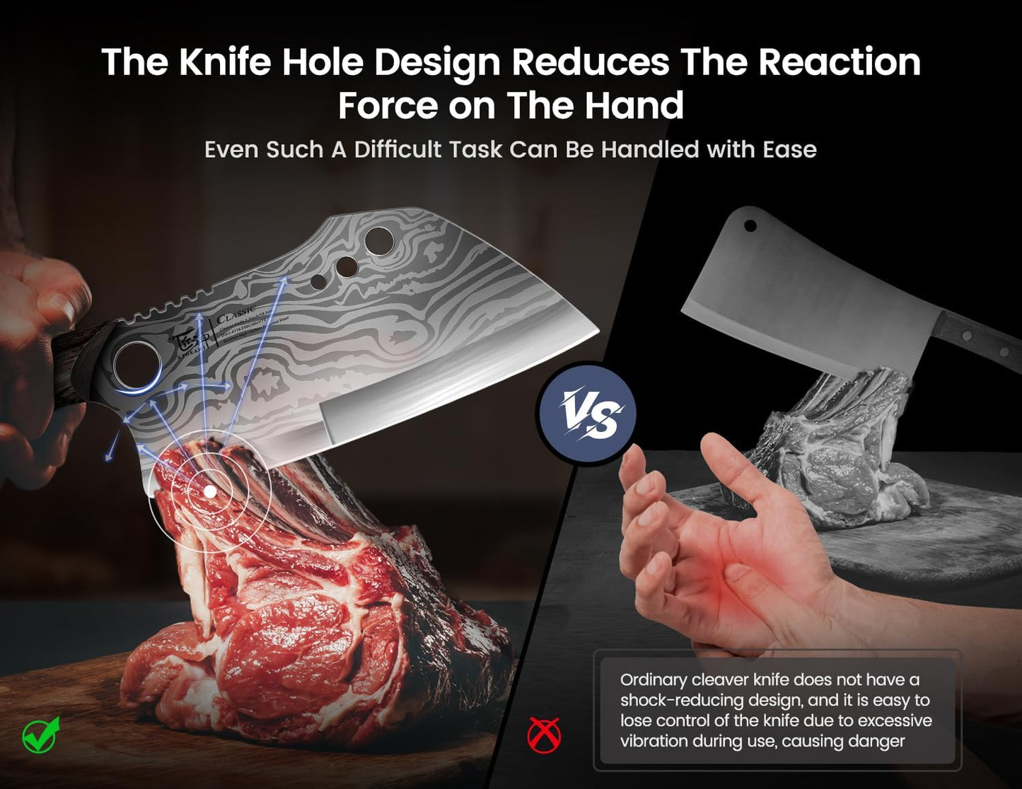 SYOKAMI Meat Cleaver Chef Knife, 7.7 Inch Multifunction Butcher Knife with Herb Stripper and Sheath, Chinese Cleaver Heavy Duty Bone Chopper, Meat Cutting, Damascus Pattern Full Tang Wood Handle