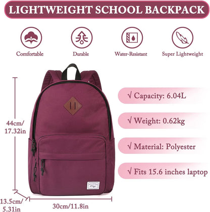 School Backpack, Kasqo 15.6 Inch Classic Lightweight Water-Resistant Backpack for Men Women Teens Girls Boys Kids to School, College, Travel, Work, Black