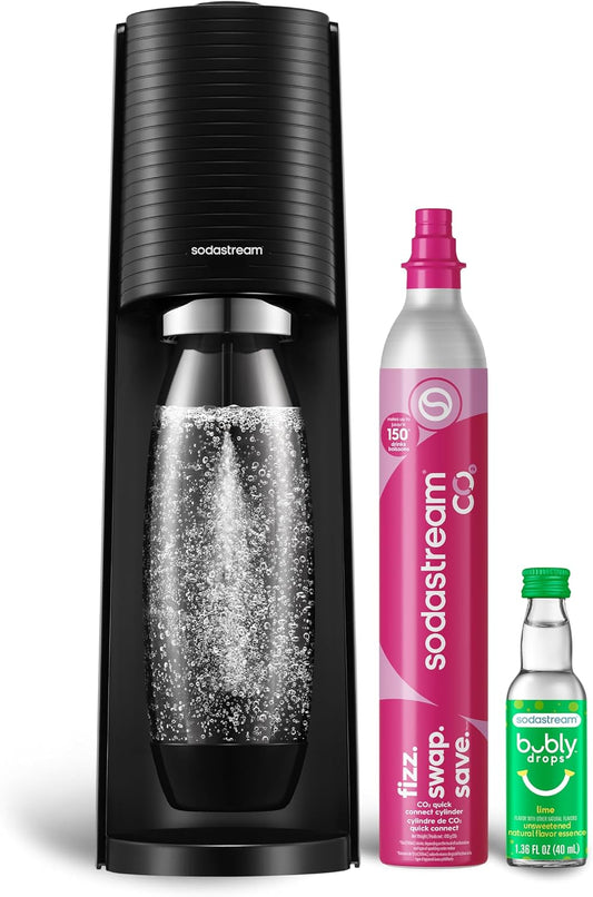 SodaStream Terra Sparkling Water Maker with CO2 Cylinder, 1L Dishwasher Safe Bottle & Bubly Drink (Black)