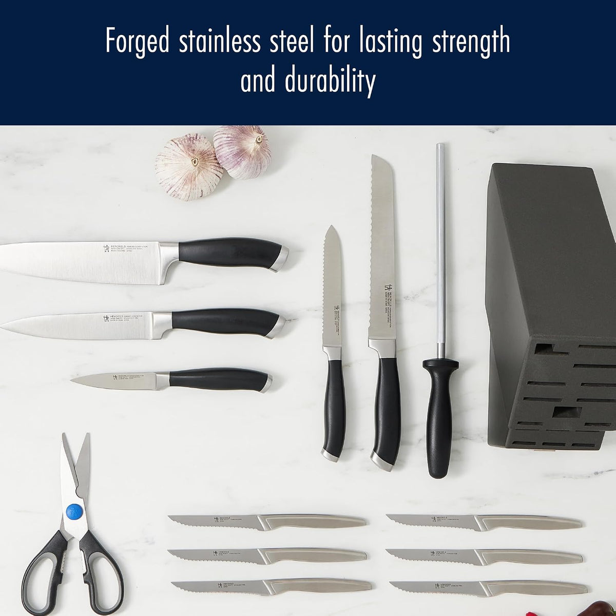 HENCKELS Forged German Stainless Steel 14 Pc Knife Block Set - Ultra Sharp Blades, Professional Chef's Knife Set, Knife Set with Block, Kitchen Knife Set, Dishwasher Safe - Black