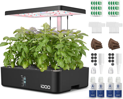 iDOO Hydroponics Growing System Kit 12Pods, Christmas Gifts for Women Men, Herb Garden Indoor with LED Grow Light for Home, Built-in Fan, Auto-Timer, Adjustable Height Up to 11.3", 12Pods Kit-Black