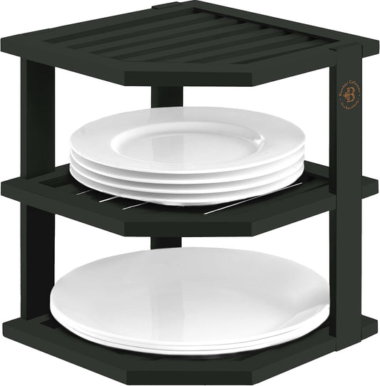3-Tier Plate Organizer for Cabinet - Space-Saving Bamboo Countertop Organizer for Kitchen, Bathroom & Pantry - Durable Display and Storage Solution for Plates, Decor & More (Black)