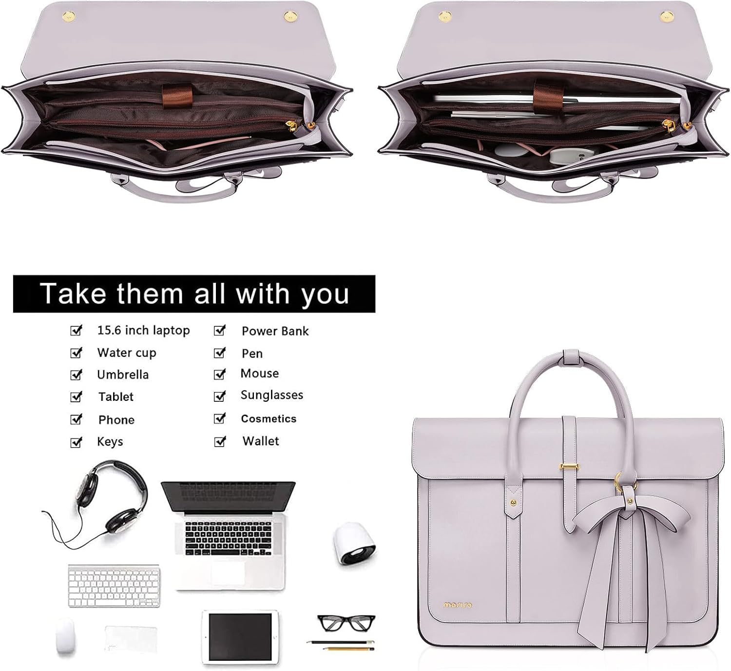 MOSISO Laptop Bag for Women, PU Leather Laptop Shoulder Bag Convertible Backpack, Work Travel Computer Bag with Bowknot - PuriLite