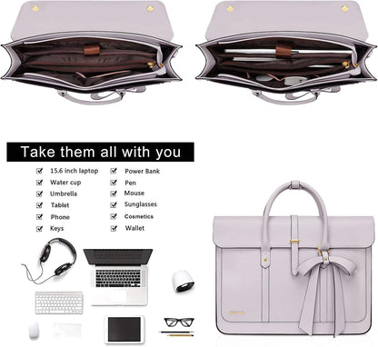 MOSISO Laptop Bag for Women, PU Leather Laptop Shoulder Bag Convertible Backpack, Work Travel Computer Bag with Bowknot - PuriLite