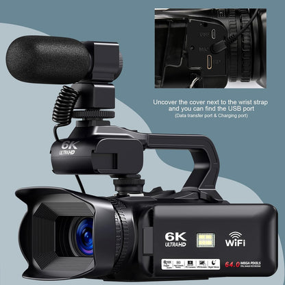 6K Camcorder Video Camera HD 64MP IR Night Vision Vlogging Camera for YouTube 18X Digital Zoom 4.0 Inch Touch Screen Video Camera with WiFi, Microphone, Stabilizer, Remote Control, 64GB SD Card