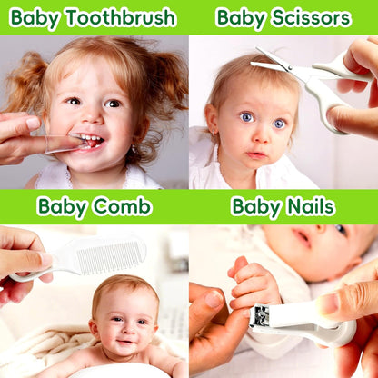 Baby Grooming Kit - 19 in 1 Nursery Essentials Baby Registry Shower Gift for Newborns, Infants, Toddlers, Boys, Girls Kids-Safety Baby Comb, Brush, Finger Toothbrush, Nail Clippers, Scissors(Green)