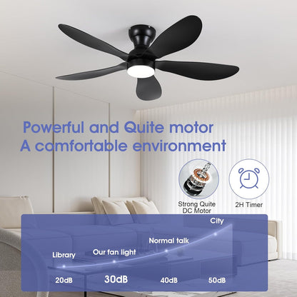 Modern Ceiling Fans with Lights Remote/APP Control, 29" Flush Mount Ceiling Fans with 3 CCT Dimmable Lights, Low Profile Ceiling Fans with 5 Propeller Blades LED Lights for Kids Room Bedroom, Brown - PuriLite