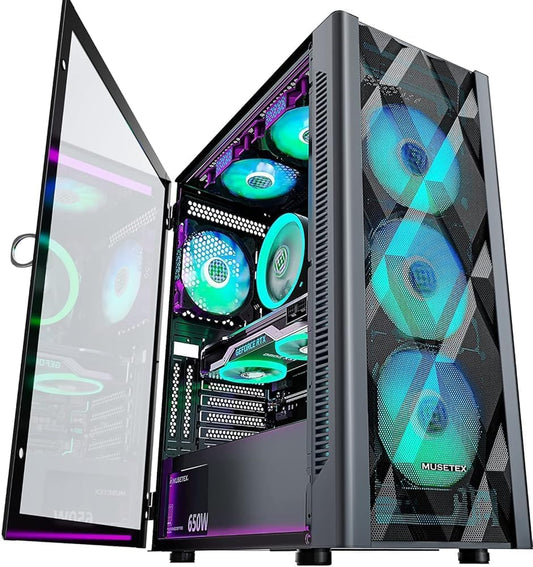 MUSETEX ATX PC Case, 6 x 120 mm PWM ARGB Fans pre-Install, Polygonal Mesh Gaming PC Case, Opening Tempered Glass Side Door Computer Case, Mid-Tower Case, USB 3.0 x 2, Black, NN8