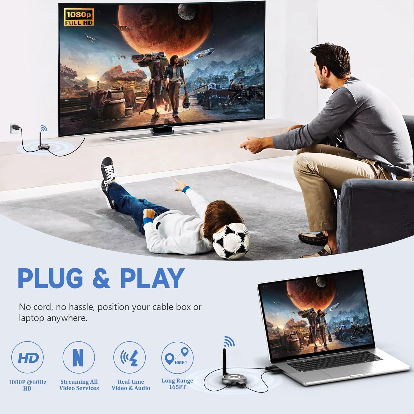 AIMIBO Wireless HDMI Transmitter and 4 Receivers, 5.8G @60Hz, Plug & Play HDMI Wireless Multiple TVs Extender for Streaming Video/Audio from Laptop, Camera, TV Box to TVs, Projectors, Monitors -165FT