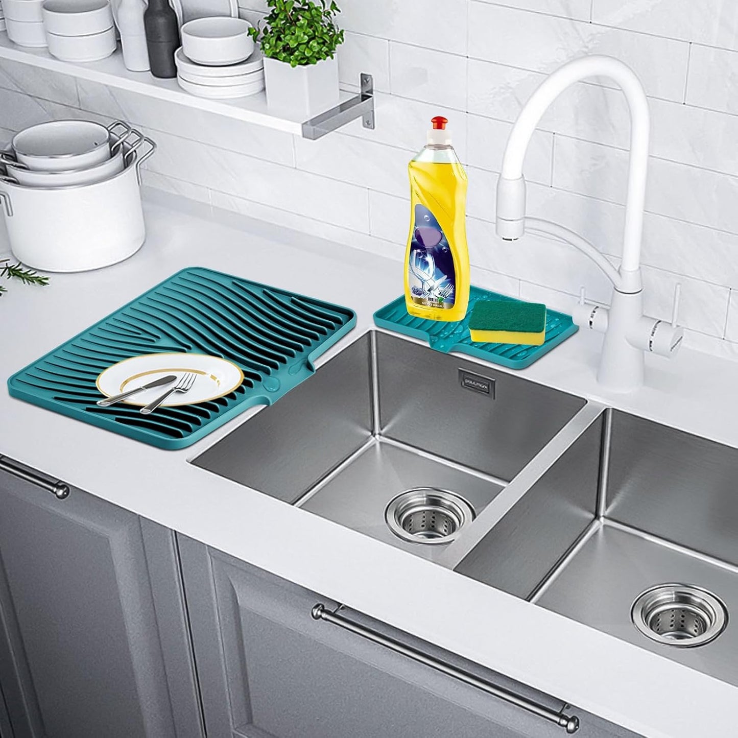 TIKNIK Silicone Dish Drying Mat for Kitchen Counter, Dish Drying Pad, Non-Slip Drain Pad with Built-in Drain, Heat Resistant Stone Drying Mat(40 L x 33 W cm, Grey)