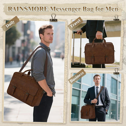 RAINSMORE Messenger Bag for Men 16 Inch Laptop Bag Vintage Leather Waterproof Laptop Briefcases Large Computer Satchel Bag - PuriLite