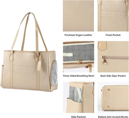 Monanller Stylish Dog Purse Carrier, Leather Pet Carrier Bag for Small Dogs Cats Puppy, Airline Approved Soft-Sided Carrier Beige