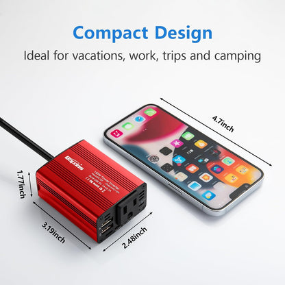 Bapdas 150W Car Power Inverter with 1 DC 12V to 110V AC Outlet Converter and 2 USB Ports Auto Charger Adapter for Laptops and Smartphones-Black