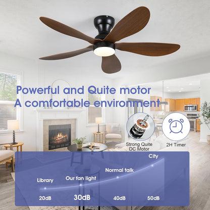 Modern Ceiling Fans with Lights Remote/APP Control, 29" Flush Mount Ceiling Fans with 3 CCT Dimmable Lights, Low Profile Ceiling Fans with 5 Propeller Blades LED Lights for Kids Room Bedroom, Brown - PuriLite