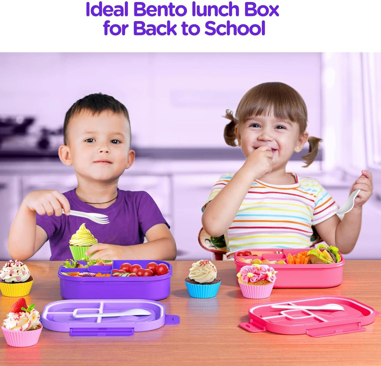 Lunch Box Kids Bento Box - 1300ML Ideal Leak Proof Bento Lunch Box for Kids School Lunchbox for Teens Toddlers Boys, Lunch Box Snack Containers with Utensil (Lunch Box-Purple)