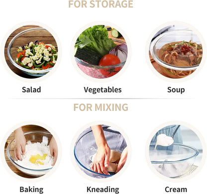 Luvan Glass Mixing Bowl Set of 4 (3.7QT,2.5QT,1.5QT,1QT),Large Salad Bowl with Lids,Kitchen Nesting Bowls for Baking and Cooking,Prep, BPA Free Plastic Lids,Microwave,Oven