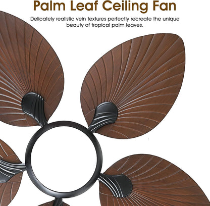 Wiviniya Ceiling Fans with Lights and Remote/APP Control, 44 Inch Tropical Palm Leaf Ceiling Fan with LED Lights, Outdoor Ceiling Fans for Patios Porch, Reversible Quiet Motor, Dimmable, Light Brown