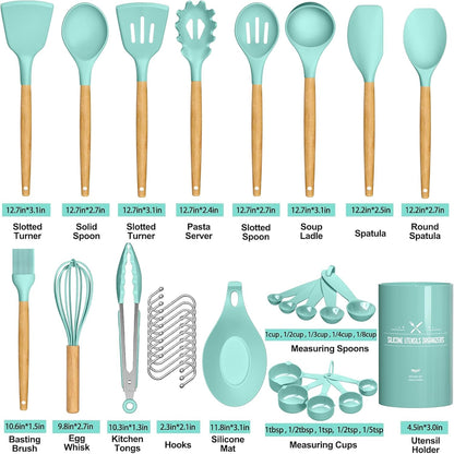 Umite Chef Kitchen Cooking Utensils Set, 33 pcs Non-Stick Silicone Cooking Kitchen Utensils Spatula Set with Holder, Wooden Handle Silicone Kitchen Gadgets Utensil Set (Khaki)