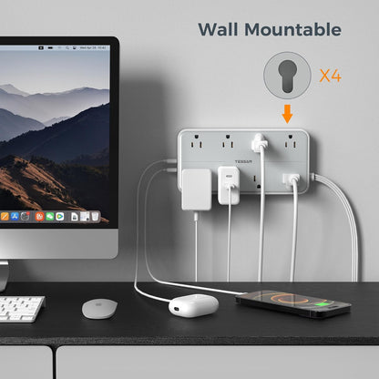 Flat Plug Power Bars with Surge Protector, TESSAN 6 Ft Extension Cord Indoor with 8 Multiple Outlets and 3 USB(1 USB C), 1080 Joules Wall Mounted Charging Station for Home Office Dorm Room, Gray