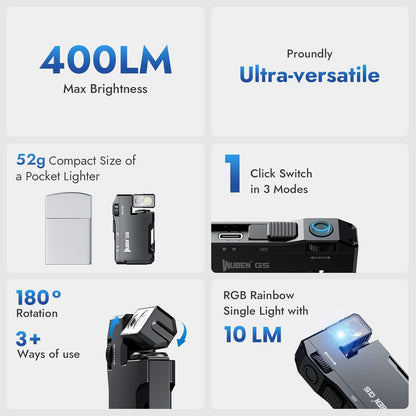 G5 Rechargeable EDC Flashlight – 400 Lumens Dual Light Mini Pocket Flashlight with RGB, Magnetic Keychain, Rotatable Head, USB-C (Black)