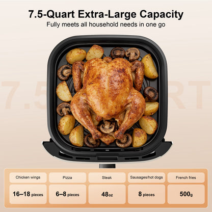 AF01 7.5QT Air Fryer, 1600W Multifunction Air Fryer with Touchscreen Controls, Visible Window, 6 Presets, Adjustable Time & Temperature