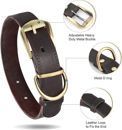 Didog Genuine Leather Dog Collars with Engraved Nameplate, Personalized Soft Leather Dog Collar with Custom ID Tag, Brown/Green/Red for Medium Large Dogs (L,Brown)
