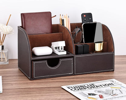 KINGFOM Pu Leather Desk Organizer Pen Pencil Holder Office Supplies Caddy Storage Box 6 Compartments with Drawer Brown (Half Pu)