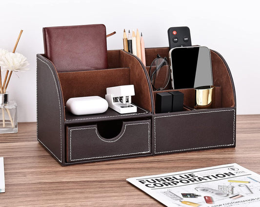 KINGFOM Pu Leather Desk Organizer Pen Pencil Holder Office Supplies Caddy Storage Box 6 Compartments with Drawer Brown (Half Pu)