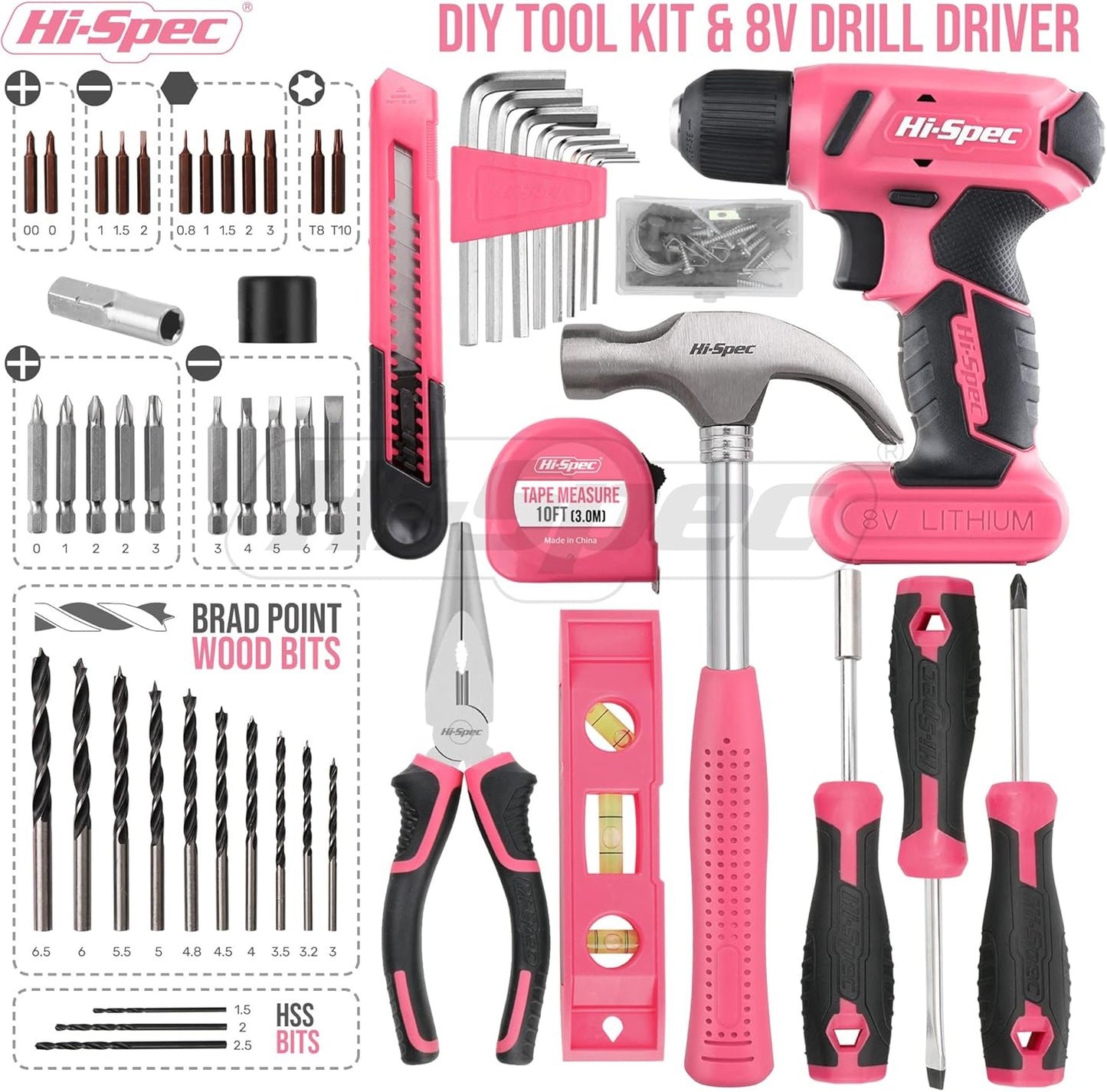 Hi-Spec 57-Piece Pink 8V Cordless Drill Driver & Home DIY Tool Kit – USB Rechargeable Electric Drill with Screwdriver Bits, Pliers & Hammer - PuriLite