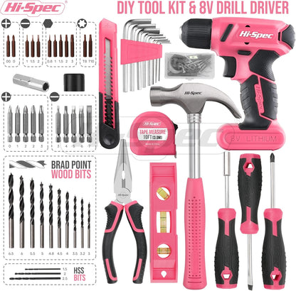 Hi-Spec 57-Piece Pink 8V Cordless Drill Driver & Home DIY Tool Kit – USB Rechargeable Electric Drill with Screwdriver Bits, Pliers & Hammer - PuriLite